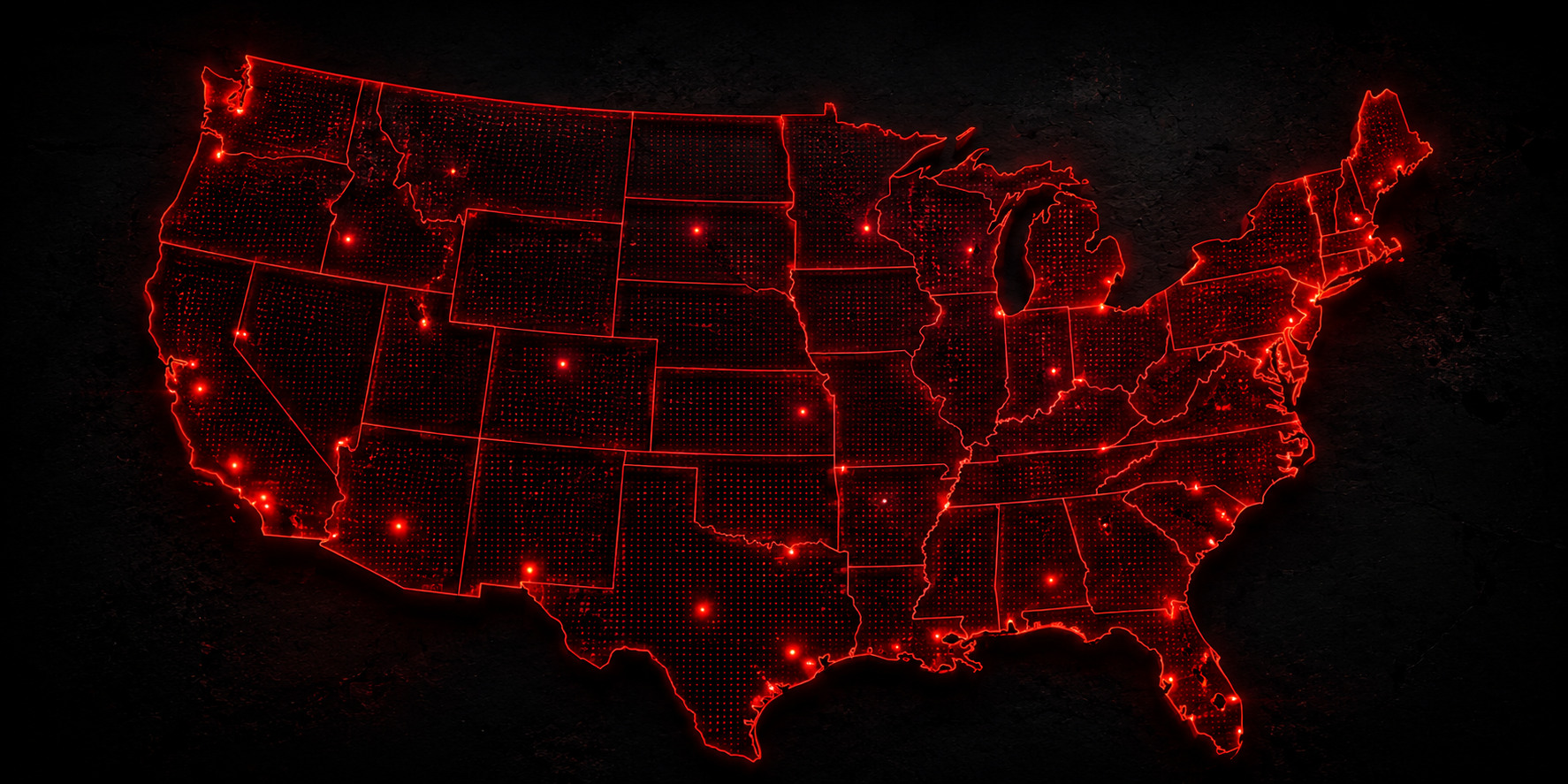 Red illuminated United States service coverage map